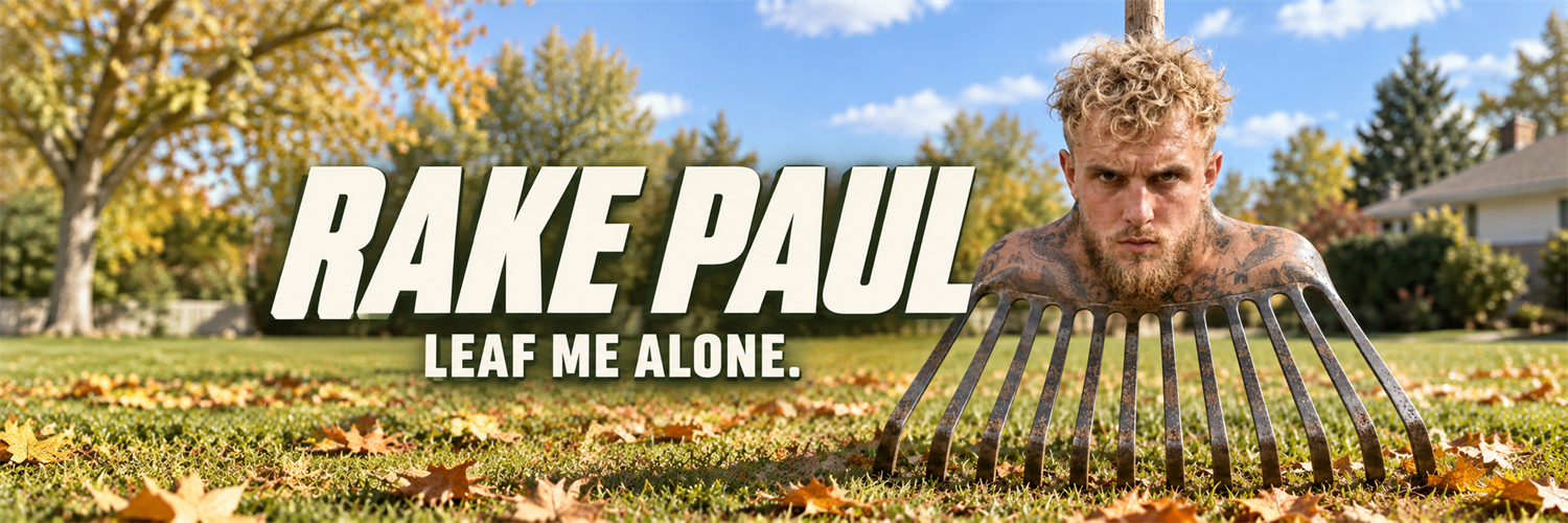 Rake Paul in his backyard beside the words Rake Paul, Leaf Me Alone