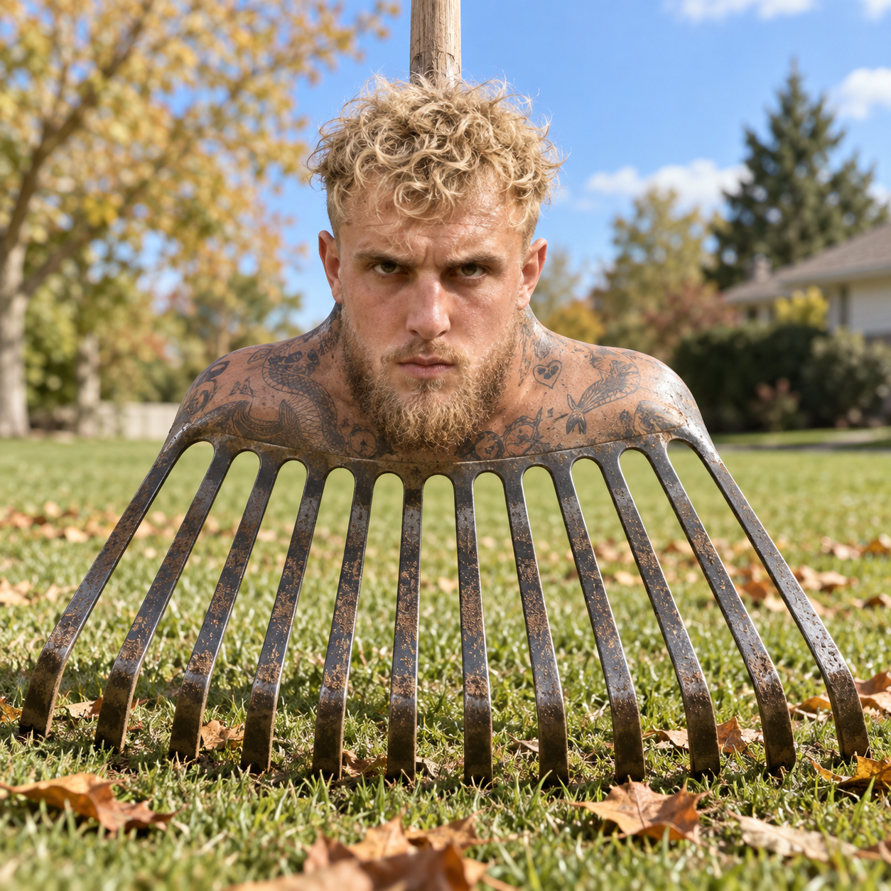Rake Paul: a stern blond boxer whose tattooed shoulders become a fan of garden-rake tines on an autumn lawn
